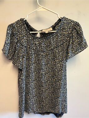 LOFT Navy Floral Ruffle-Sleeve Top with Yellow Accents